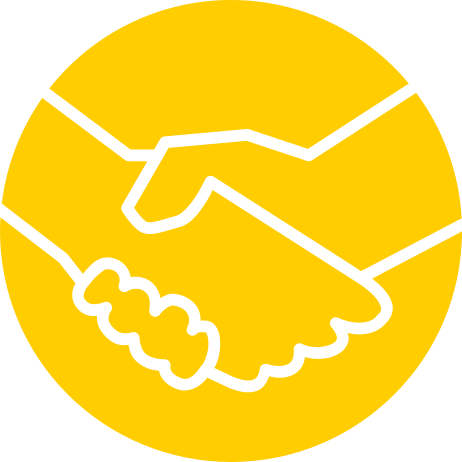 simplified line drawing of a handshake, over a yellow circle