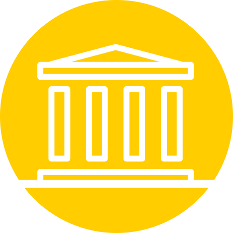 simplified line drawing of a bank or government building with pillars, over a yellow circle