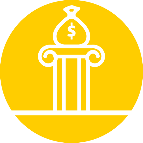 simplified line drawing of money bag on top of a tall pillar, over a yellow circle