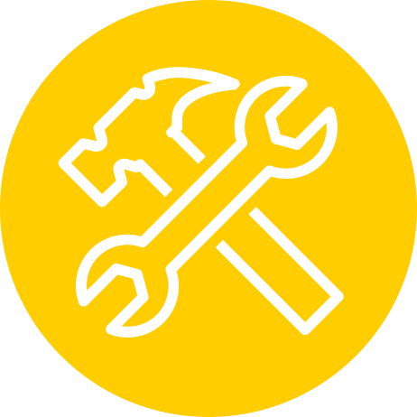 simplified line drawing of a hammer and wrench, over a yellow circle